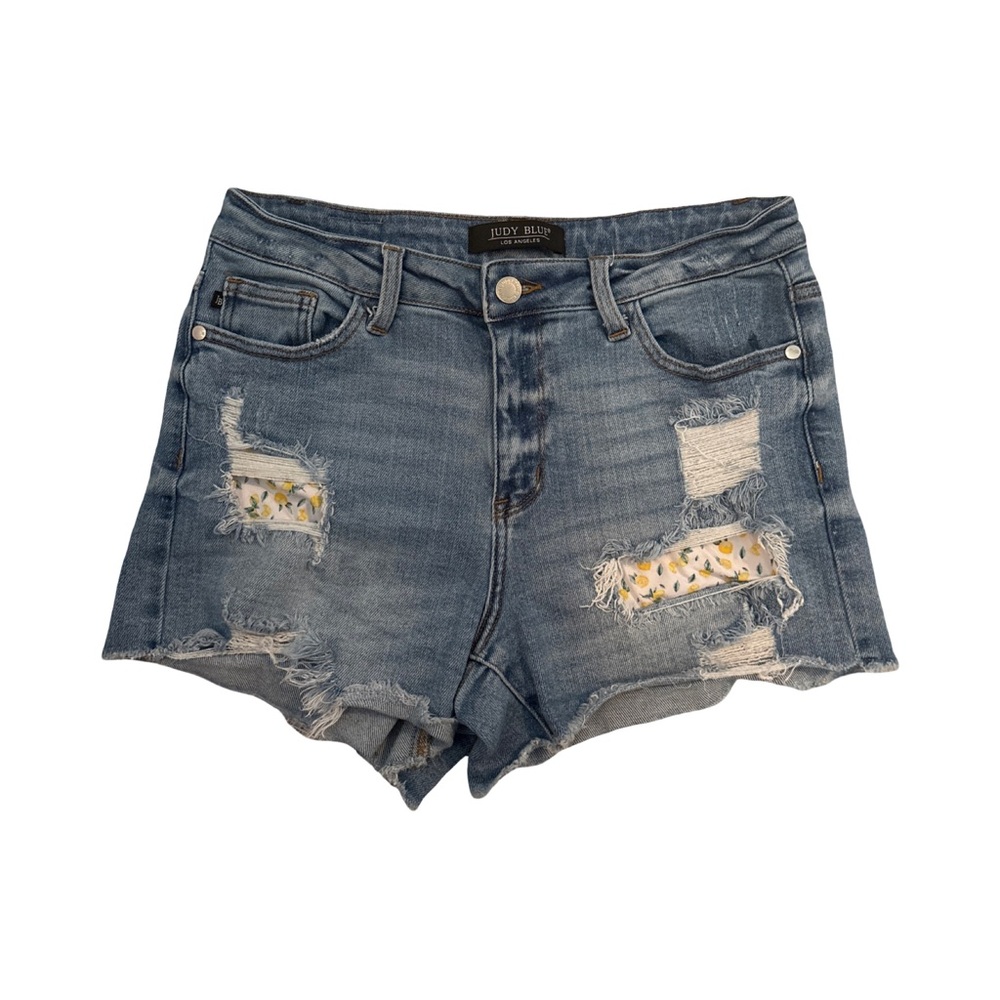 Judy Blue JB150055 Hi Rise Lemon Patch Distressed Raw Hem Denim Shorts Women’s